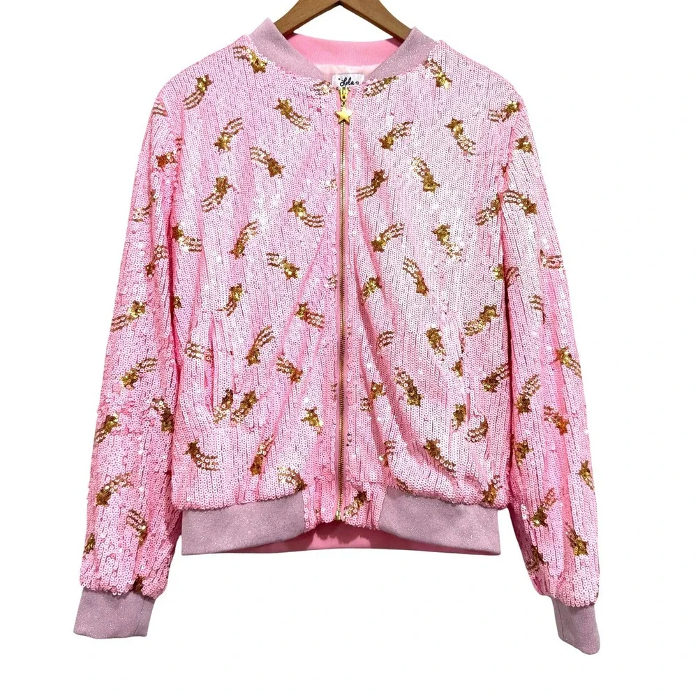 Lola + The Boys Pink Sequin Galaxy Star Bomber Celestial Size Medium Festival - Picture 1 of 5
